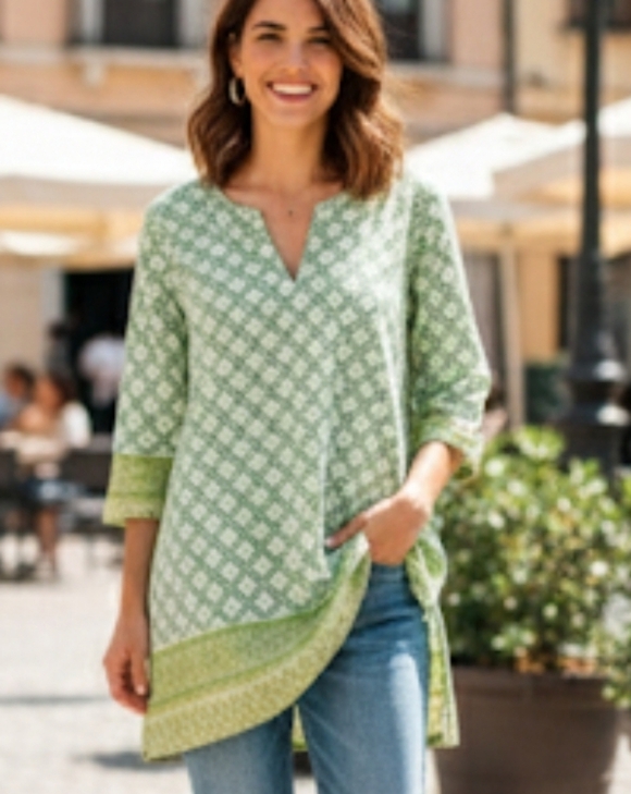 Calypso St. Barth Tops - Calypso St. Barth Green Geometric Print 100% Cotton Tunic Top XS